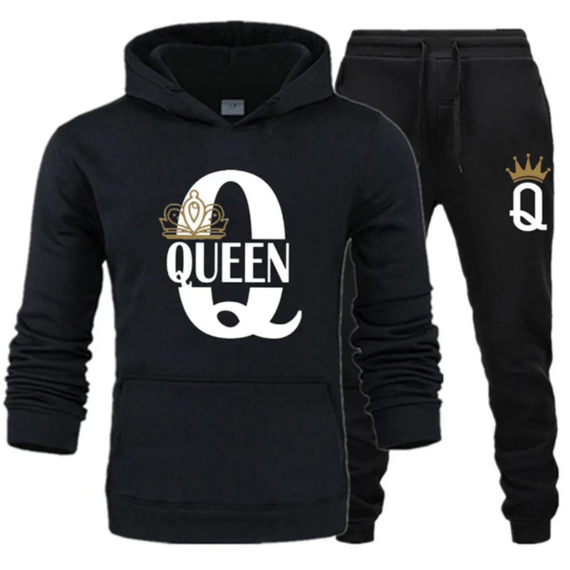 طقم سويتر خريفي وشتوي جديد لعام 2024 للرجال والنساء بطبعة KING QUEEN فضفاض ومريح بغطاء للرأس طقم للأزواج