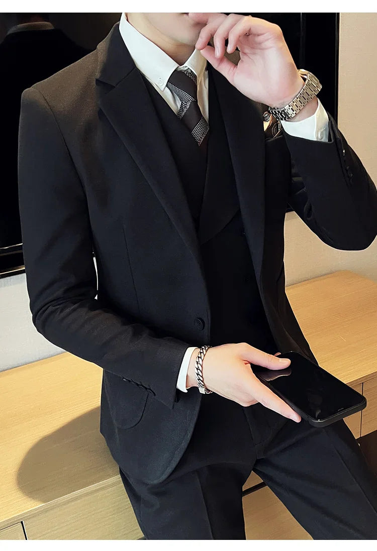 2025 Autumn Winter New Thickened Warm Woolen Blazer Set for Men Korean Version Slim Fit Groom Best Man Wedding Suit Formal Wear