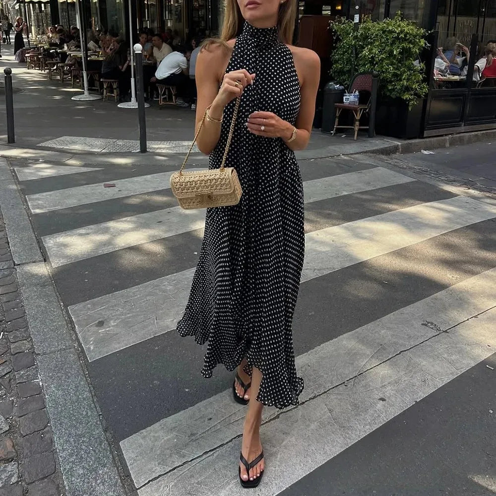 Sexy Halter Scarf Dot Print Dress Women Sleeveless Backless Chiffon Holiday Dress Fashion 2025 Summer Loose Beach Dress