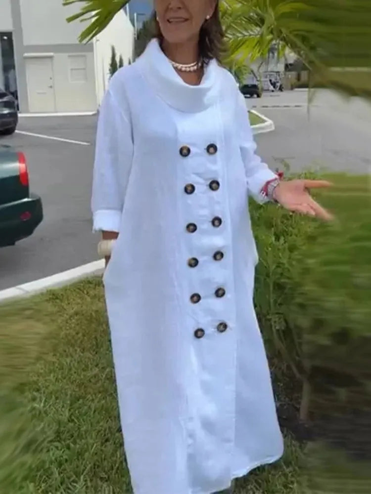 Women's Cotton-blend White Dress Long Sleeves Loose Solid Color High Neck Buttoned Pockets Casual Daily Maxi Dresses