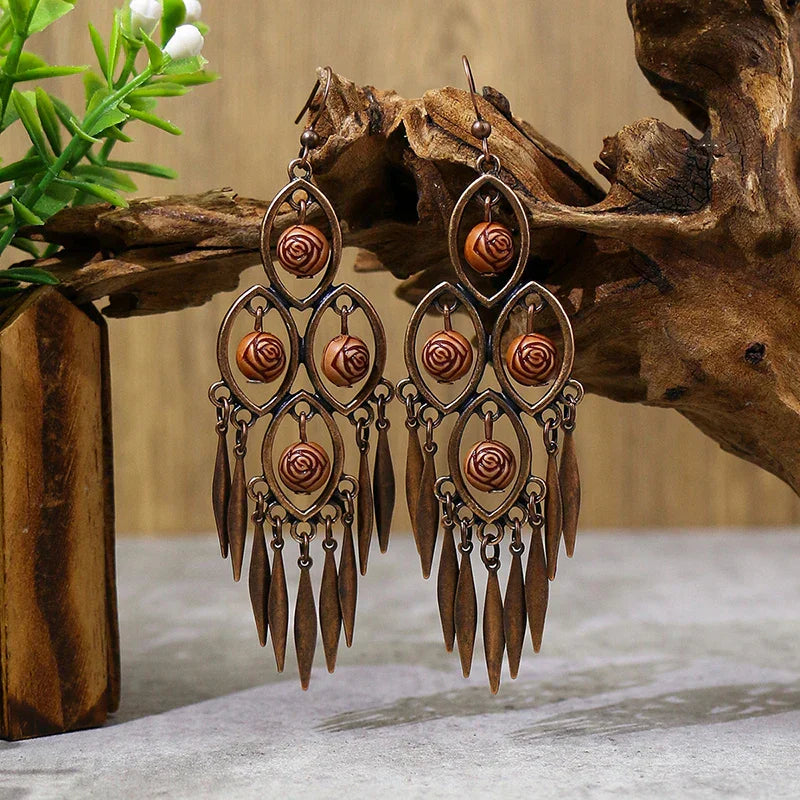 Vintage Bohemian Long Earrings For Women Big Statement Carved Geometric Tassel Boho Tibetan Silver Bronze Color Jewelry Earrings