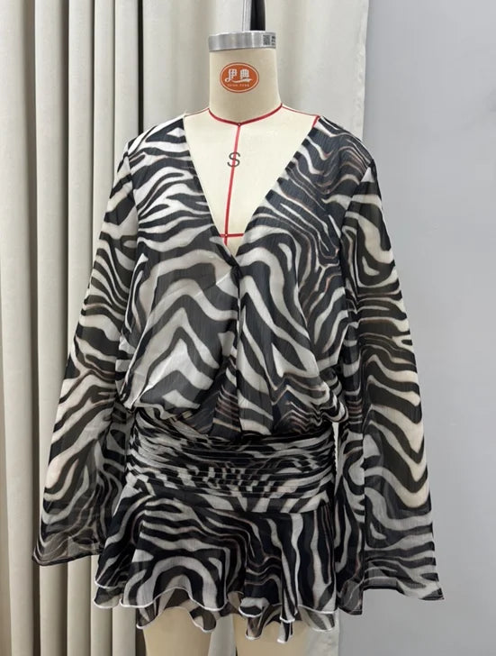 Women's Zebra Print Long Sleeve Mini Dress  Zebra Print Long Sleeve Mini Dress Party Club Zebra Print Ruffle Dress Summer 2026