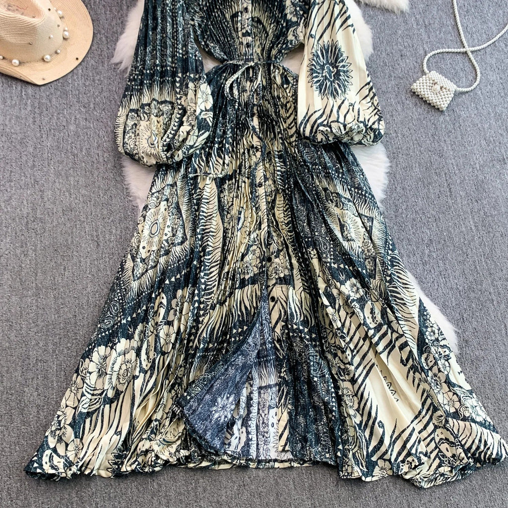 Printed round Ne Lantern Sve Dr Women's Single Button Waist Cinch Maxi Skirt Long Dr Commute Sle Autumn