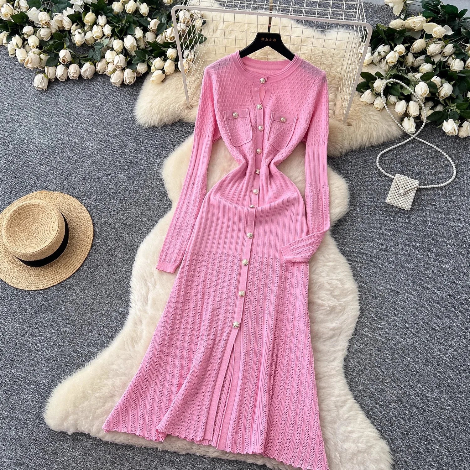 Brand Fashion Aesthetic Patchwork Knitted Maxi Dress Autumn Winter Women Luxury Shirt Sweater Dress Office Lady Vestido