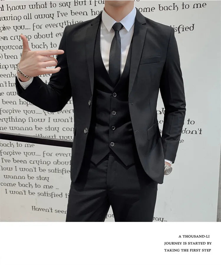 Solid Color Suit Men's Fashionable Gentleman Business Banquet Korean-style Formal Dress Casual Wedding (Blazer+Vest+Trousers)