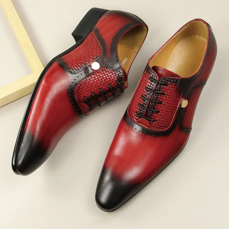 New Men's Business Leather Shoes Fashion Summer Lace-Up Red Black Hand Carved Wedding Shoes Anniversary Office Oxford Shoes