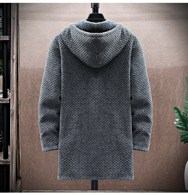 Men's Cardigan Cashmere Long Coat Sweaters with Hoods Autumn Winter New Fleece Warm Solid SweaterCoat Windbreaker Men Clothing