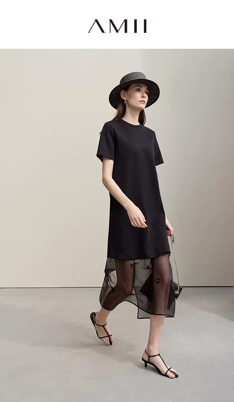 Long Dresses 2026 Autumn New Round Neck Short Sleeve Patchwork Women's Dress Removable Organza Elegant Dress Women 12651024