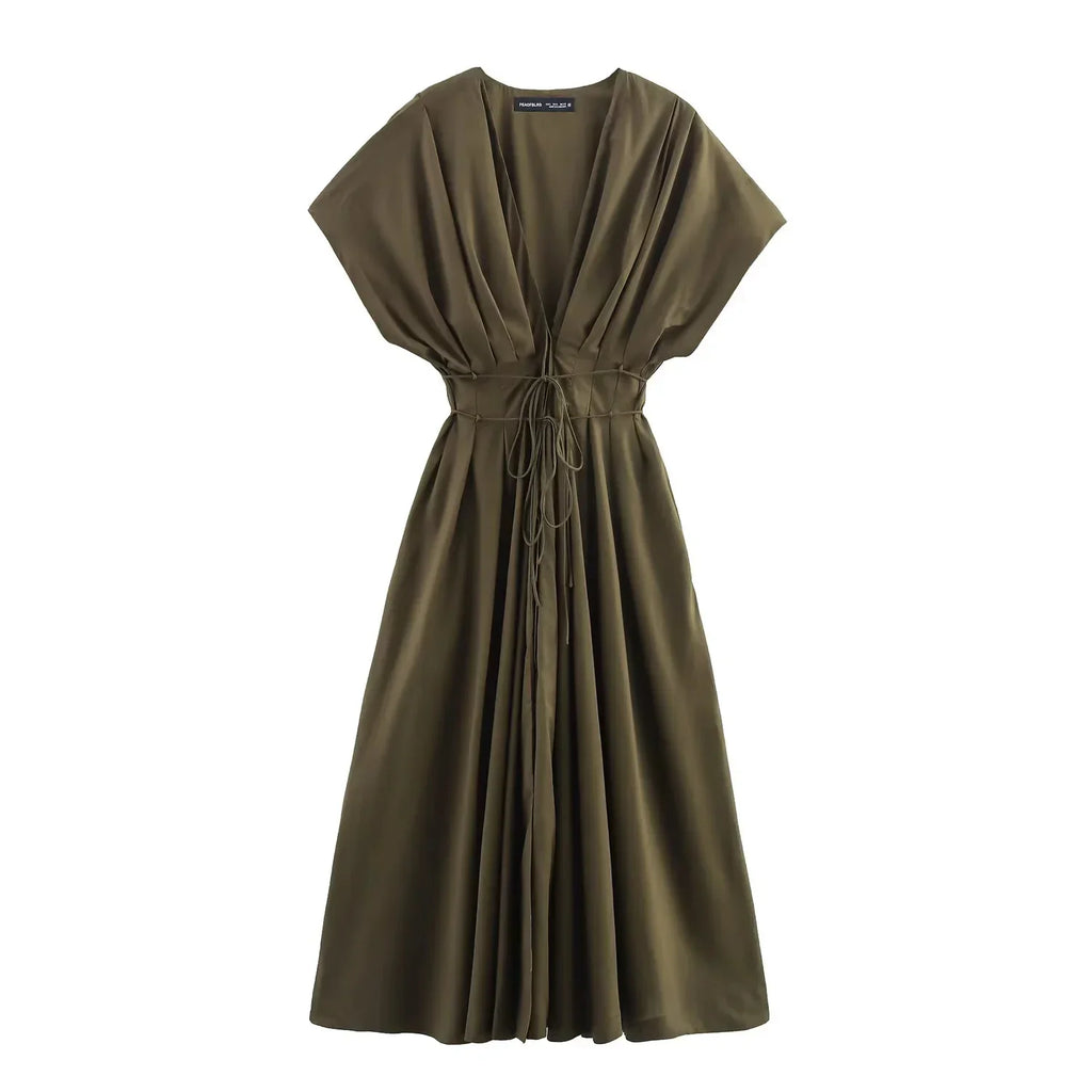 2026 Spring Summer Vintage Women Dress Fashion Single Breasted Sashes Draped V Neck Sleeveless Chic Brown Ladies Dresses