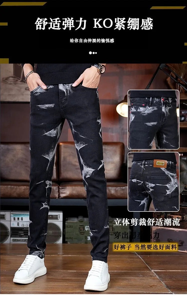 Spring and Autumn New Fashion Trend Retro Printed Straight Leg Elastic Jeans For Men's Casual Sports Comfort High-Quality Jeans