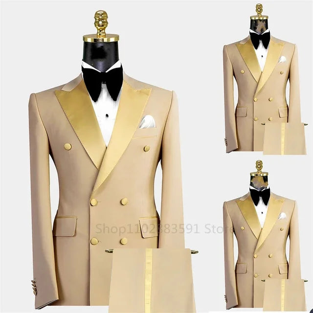 2 Pieces（Blazer+Pants）Men's Suit Double breasted Tuxedos Formal Slim Fit Notch Lapel Party Solid Groom Khaki Suits For Wedding