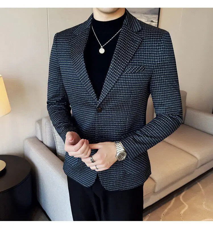 Men's Elegant Grid Suit Jacket 2026 Spring New Fashion Slim Blazer Jackets Social Prom Dress Jacket Men's High Quality Clothing