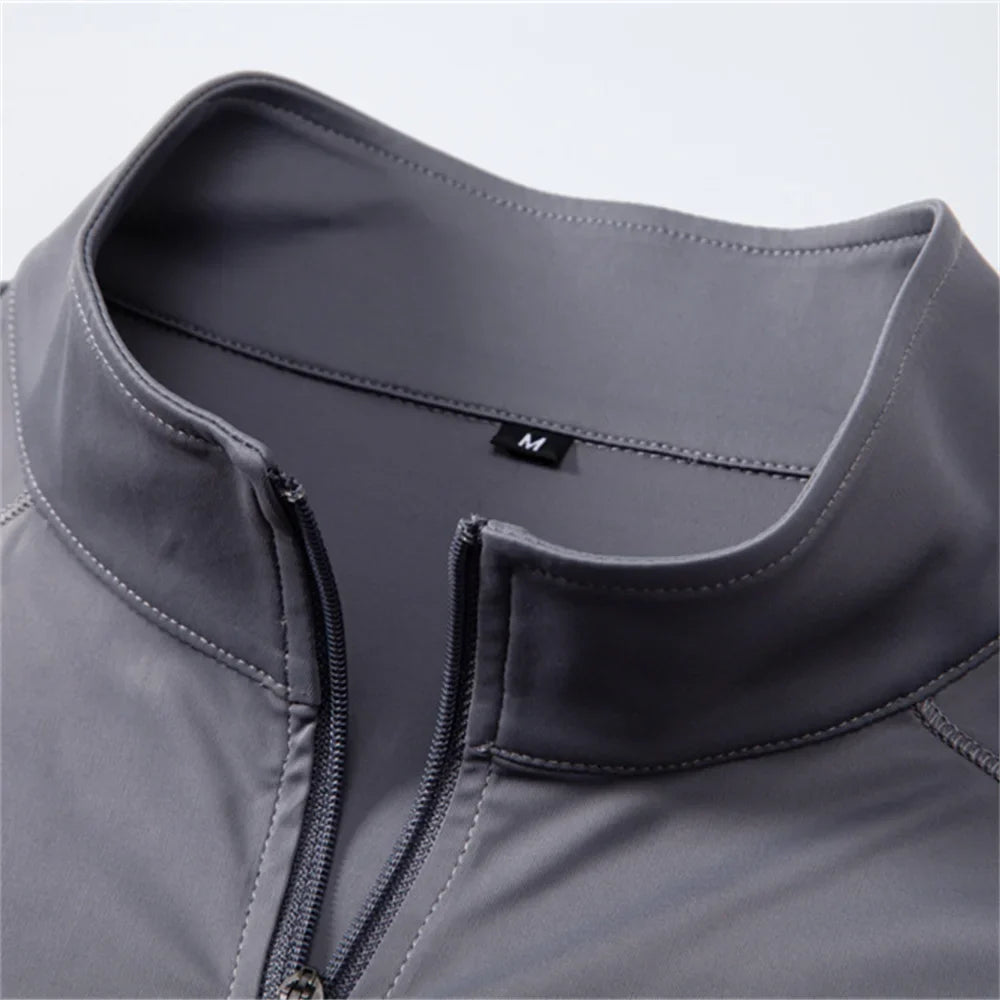 Men's UPF100+ Sun Protection Long Sleeve Shirt Solid Color Zipper Outdoor Shirts Stand Collar Quick Dry T Shirts