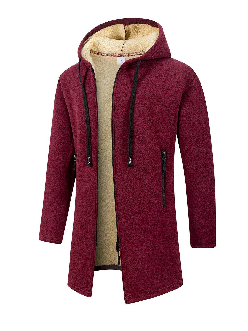 Men's Winter Warm Long Coat Zipper Jacket Zip Windbreaker Thick Fleece Windproof Overcoat Casual Contrast Color Hooded Jacket