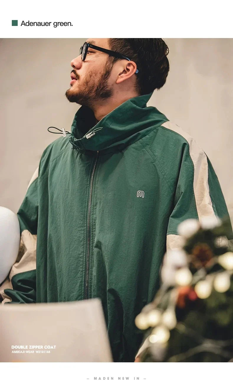 Casual Detachable Double Zipper Patchwork Jackets Stand-up Collar Loose Fit Letter Jacket For Men's Spring and Fall Coat
