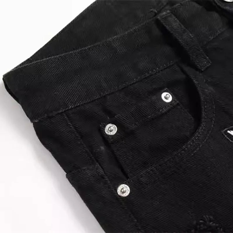 Autumn And Winter Retro Black Ripped Jeans Men'S Straight Leg Pants Pentagram Patch Casual Jeans Pants