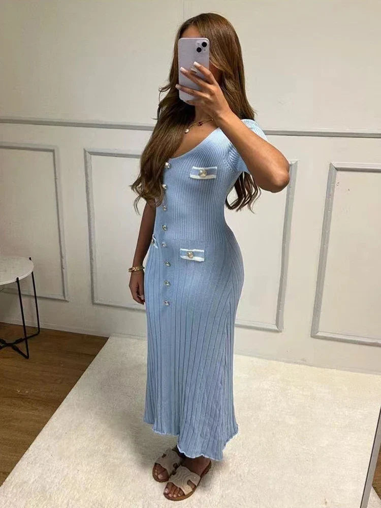 Office Lady Elegant Knitted Long Dress Summer Short Sleelve V Neck Single Breasted Bodycon Dresses Women Party Fashion Vestidos