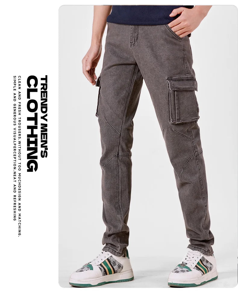 Men's Street Style Elastic Waist Denim Cargo Pants Solid Color Washed Slim Fit Casual Jeans with Multiple Pockets for Daily Wear