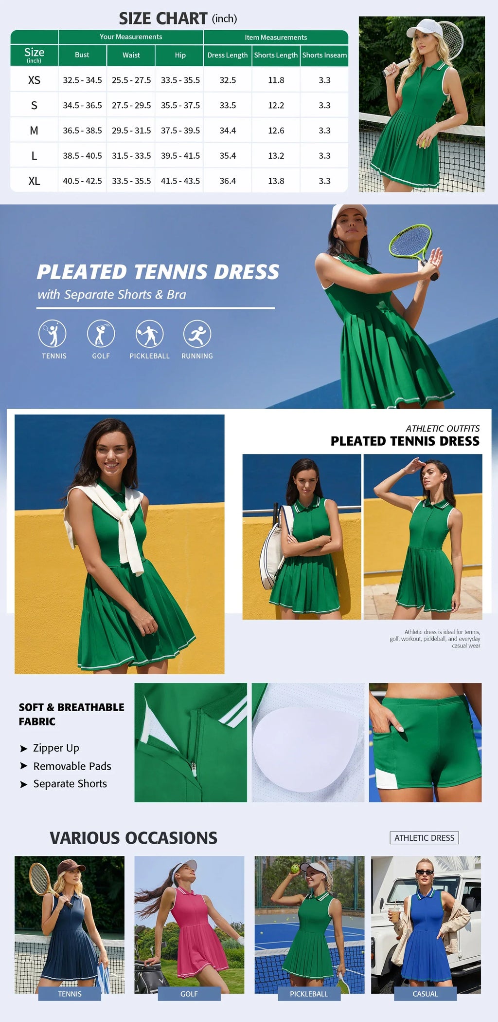 Women Tennis Dress Polo Half Zipper Pleated with Built in Bra Separate Shorts One-Piece Slim Fit with Pockets Golf Dress