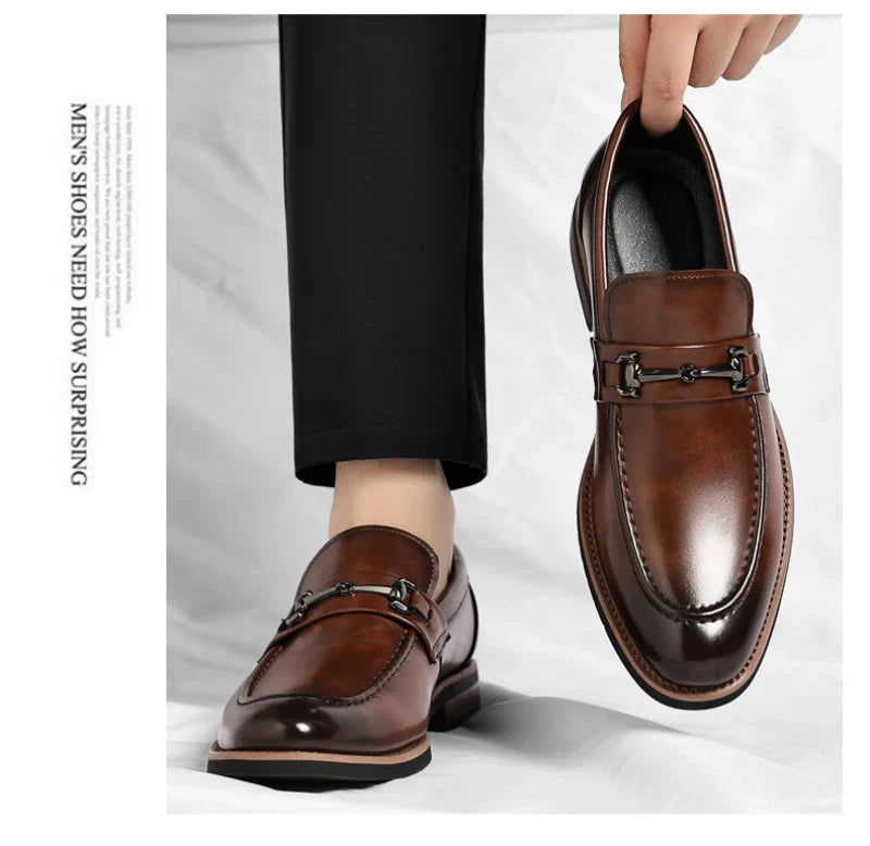 Mens Brown Burnished Genuine Leather Horsebit Loafers Slip On Formal Business Office Wedding Groom Daily Wear Shoes Simple New
