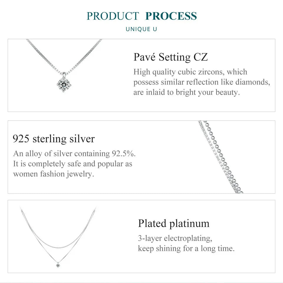 925 Sterling Silver Shining Zircon Pendant Necklace Double Layer Neck Chain for Women Engagement Wedding Fine Jewelry