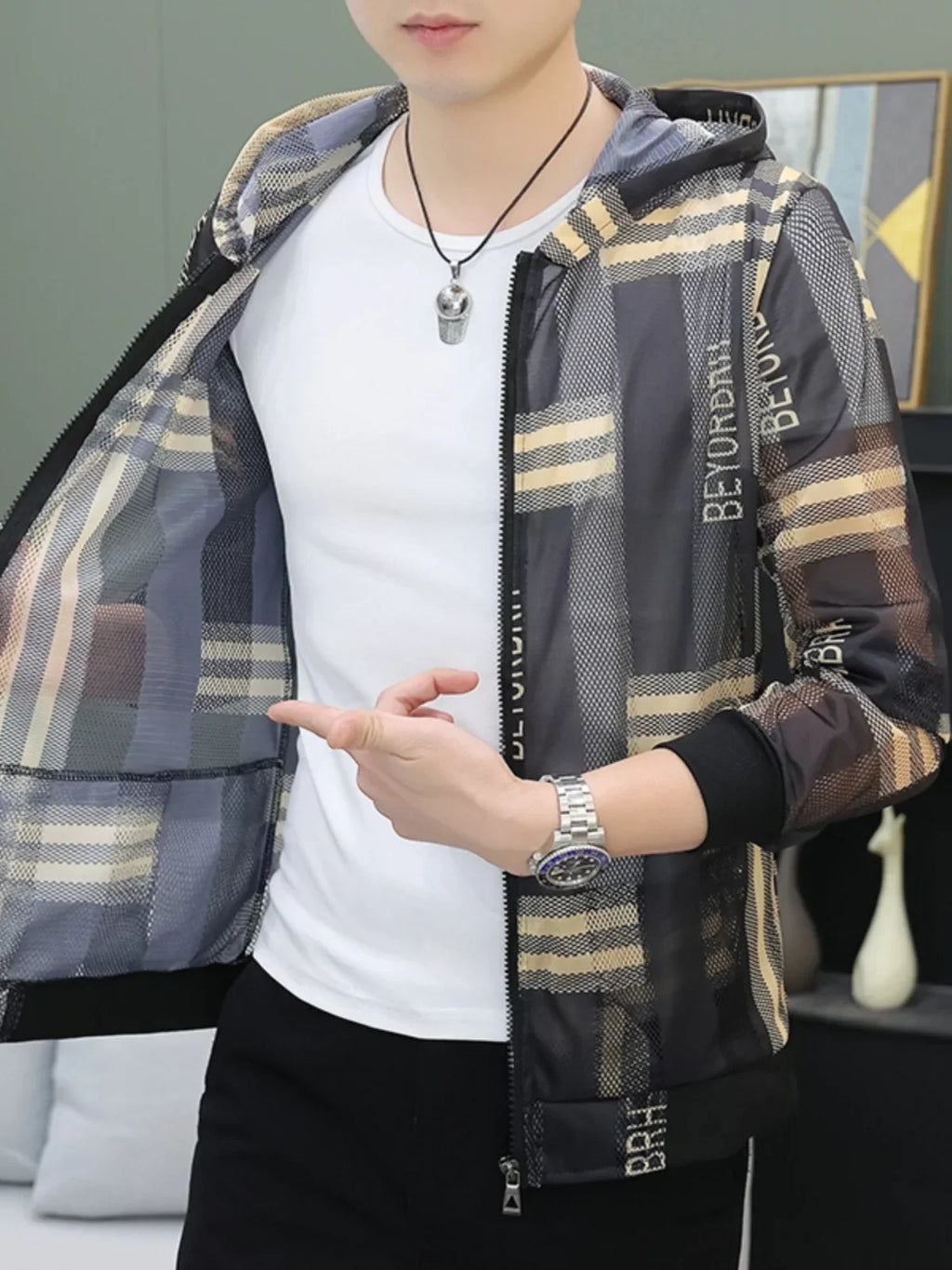 Men's Summer Mesh Sun Protection Clothing Trendy Stripe Print Ice Silk Cool Feeling Breathable Quick Dry Hooded Jacket