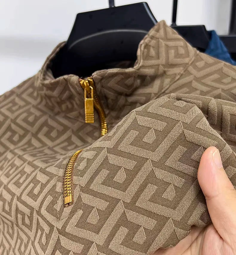 High end brand fashion jacquard long sleeve T-shirt men's casual sweater autumn trend Korean style half zipper collar pullover