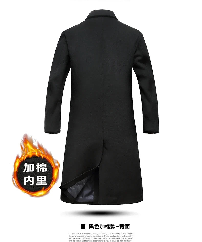 Men's High-Quality Autumn Winter Wool Coat Long Fashion Trench Coat Over-the-Knee Thick Cotton M-4XL