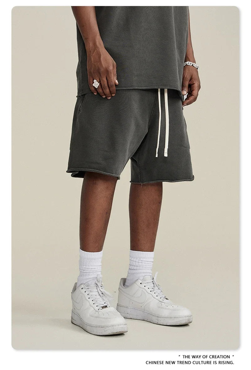New Summer Men Retro Washed Shorts Unisex Drawstring Loose Edge 420gsm Solid Knee Length Cotton Pants Streetwears HY0589