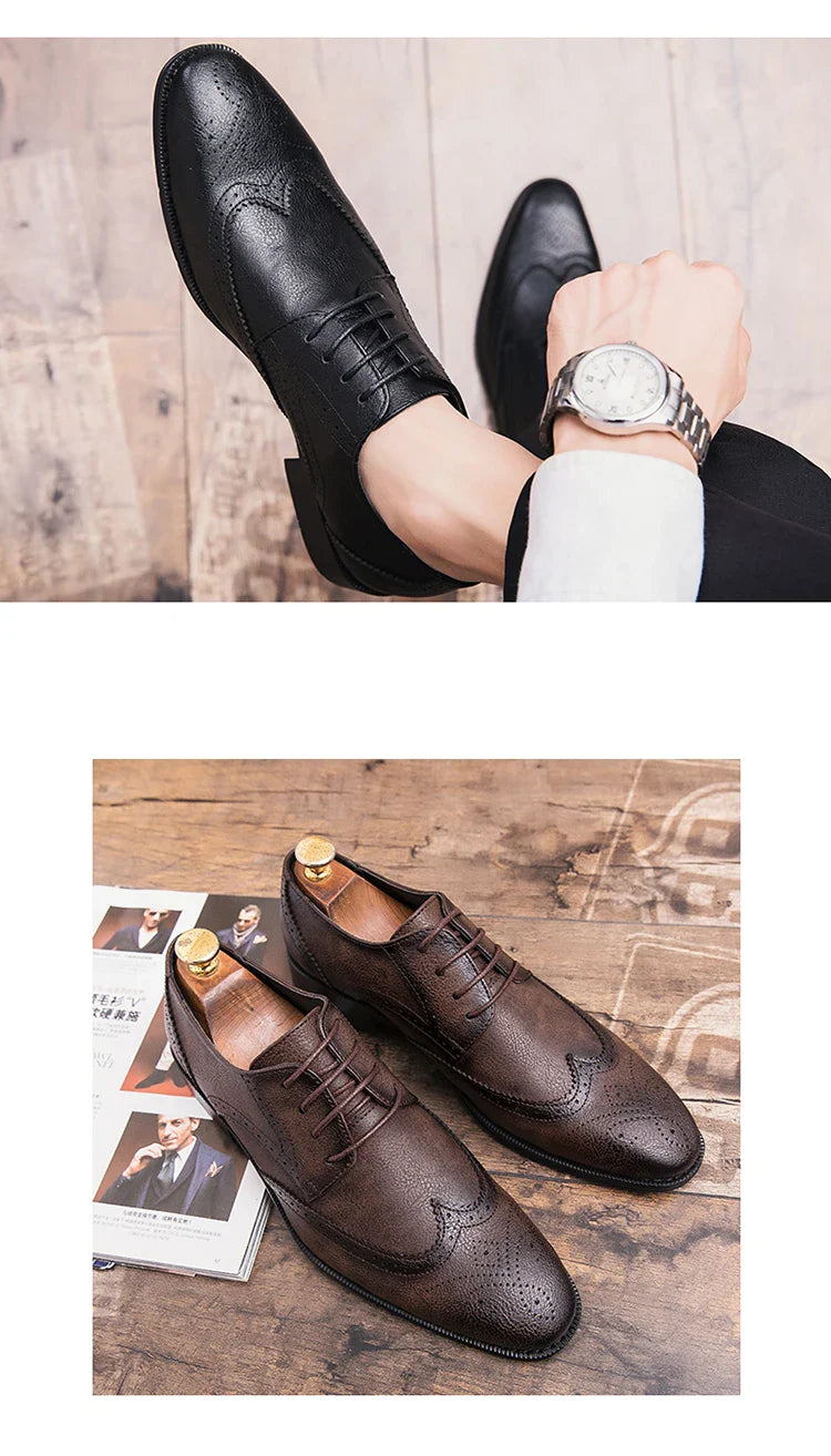 Lace-up casual leather shoes Men's wedding carved Brogues men's formal business pointed shoes Groom's leather shoes