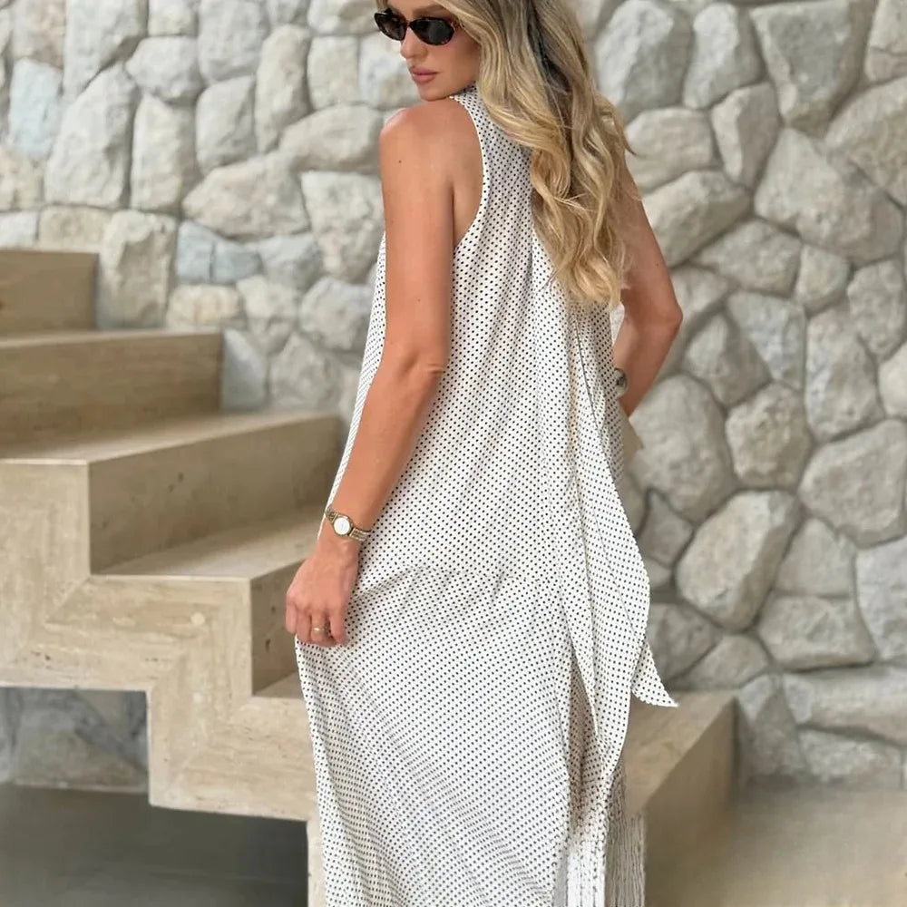 Sexy Halter Scarf Dot Print Dress Women Sleeveless Backless Chiffon Holiday Dress Fashion 2025 Summer Loose Beach Dress
