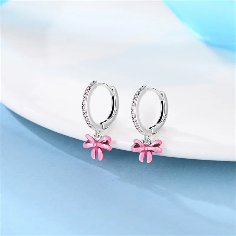 Earrings For Womens 925 Silver Color Pink Rainbow Horse Bear Bee Double Hoop Earrings Fine Engagement Anniversary Jewelry Gifts