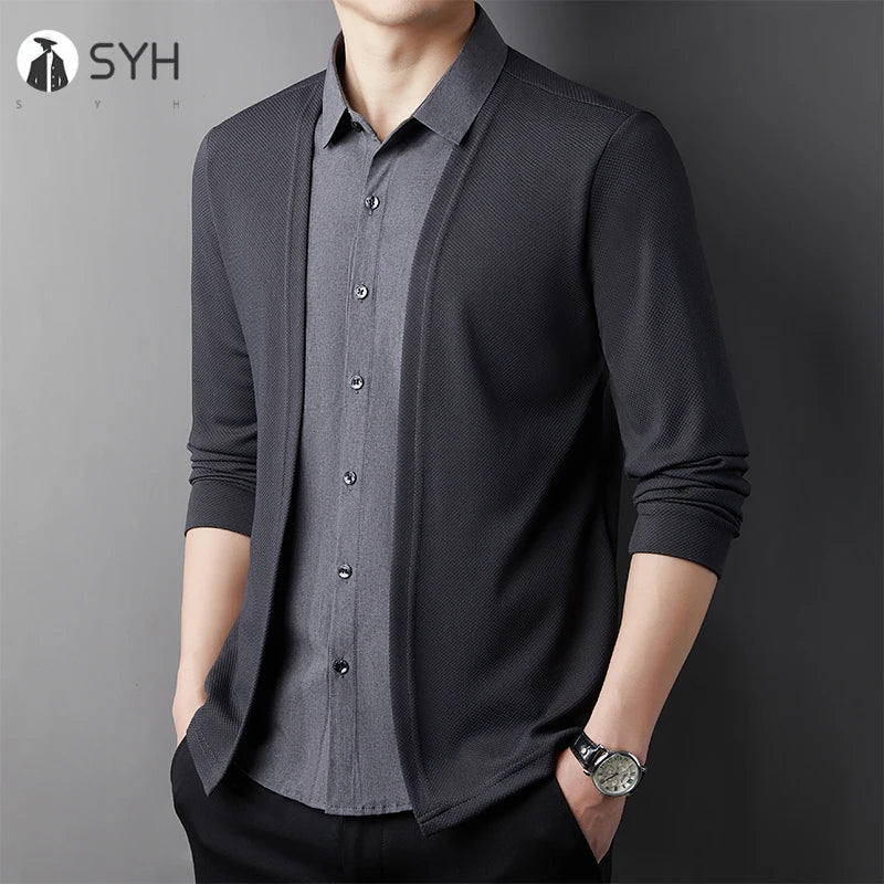 Men's Casual Long Sleeved Shirt Fake Two Piece Comfortable Outdoor Cardigan Korean Version Solid Color Fashionable Versatile Top