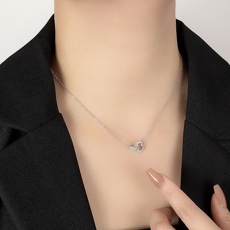All Moissanite Necklace for Women S925 Pure Silver Double Heart Design Laboratory Diamond Pendant Fashion Luxury Jewelry