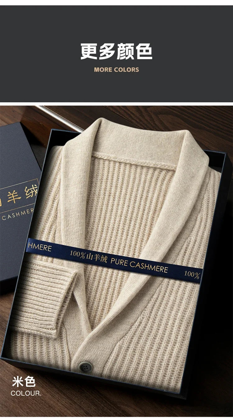 Men's Heavy Thick 100% Pure Cashmere Cardigan Olive Warm Collar High-End Sweater Coat Super Handsome