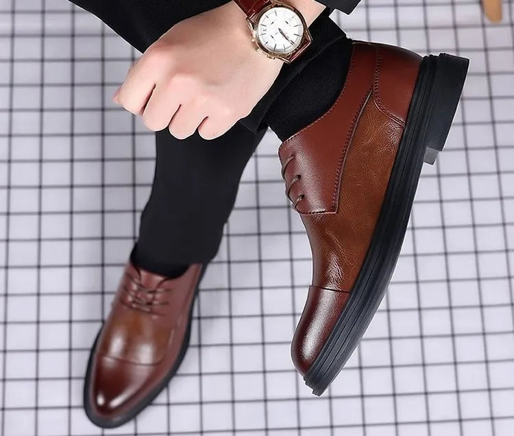 Men's Genuine Leather Oxfords Pointed Toe Lace Up Dress Shoes British Style Business Wedding Casual Footwear for Spring Autumn