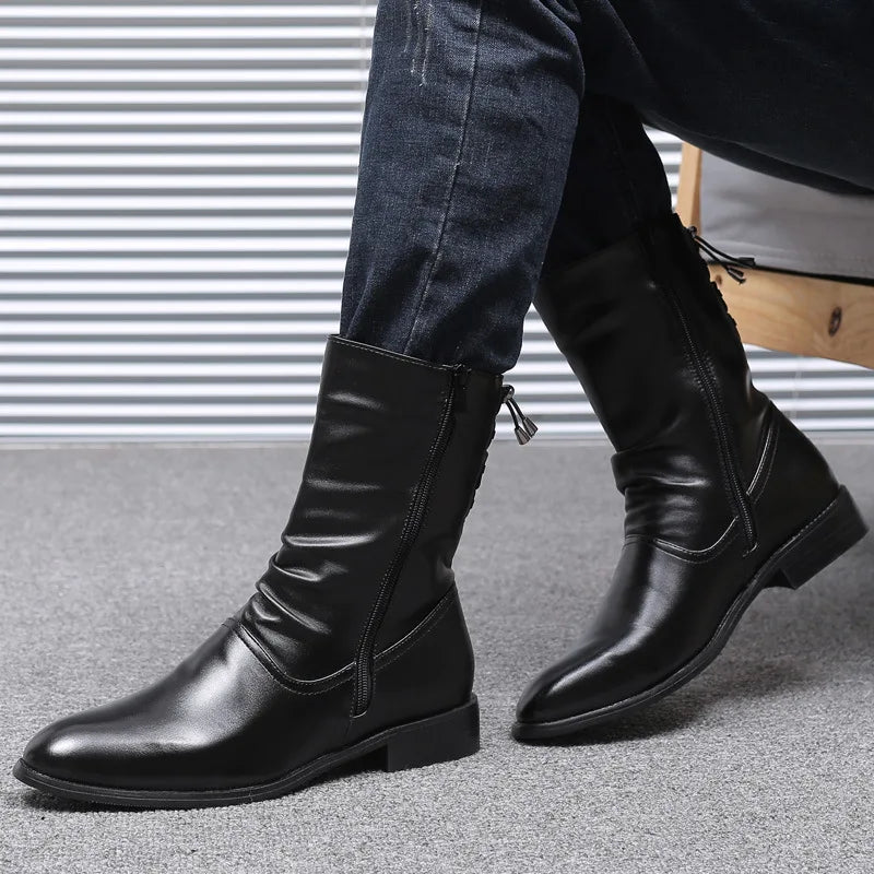 Men's Leather Boots High Quality Black Motorcycle Boots Designer Punk Rock Mid-calf Boots Fashion High Top Shoes Botas Masculino