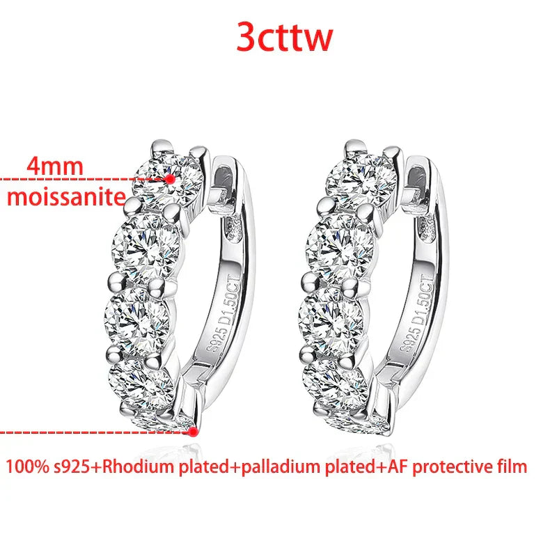 18k 3cttw Moissanite Hoop Earring for Women 4mm Stones D Color Sparkling Created Diamond Earring 100% 925 Sterling Silver