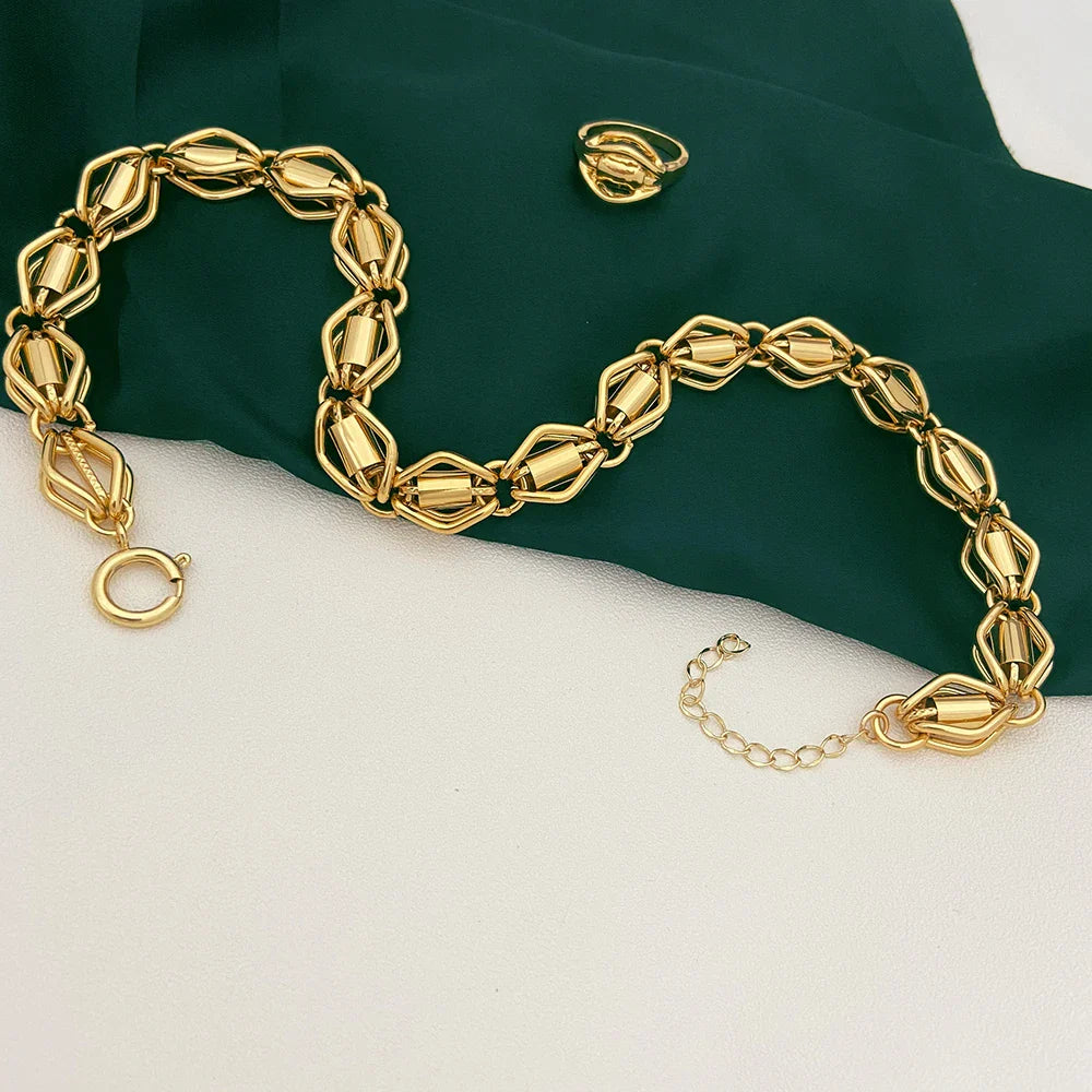 Dubai Nigeria Jewelry Set For Women Classic Design Beads Necklace Earrings Ring Bracelet 18K Gold Plated 4Pcs Set Jewelry
