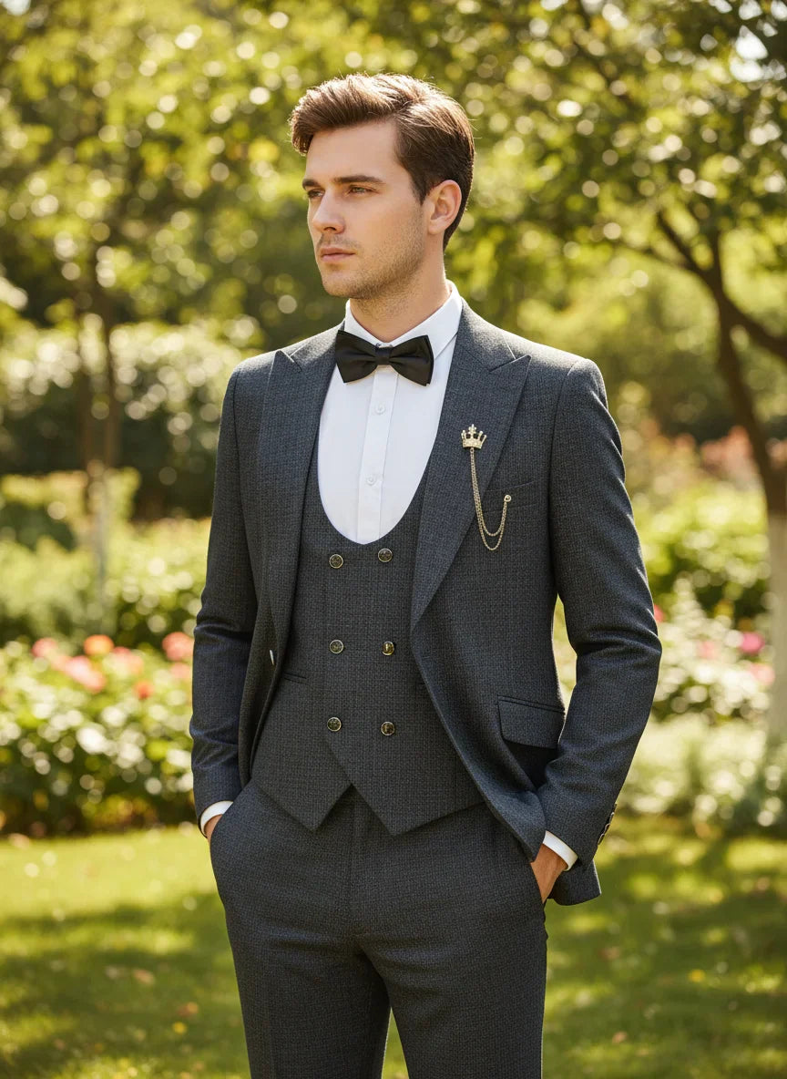 Black Men suit 3 piece set  gray elegant slim fit formal office and leisure banquet groomsman set groom's wedding dress