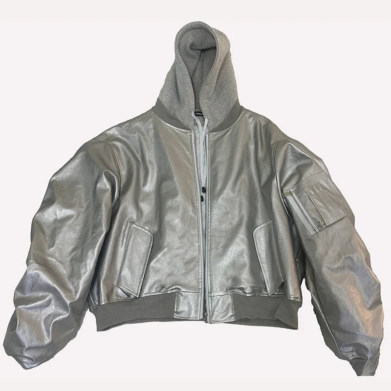 Autumn Winter Cool Handsome Oversized Brown Thickened Warm Leather Jacket Men with Hood Fake 2 Piece European Clothes