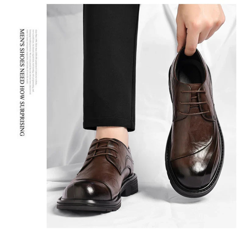 Brown Burnished Genuine Leather Lace Up Chunky Sole Formal Business Office Groom Wedding Daily Wear Shoes Fashion Comfortable