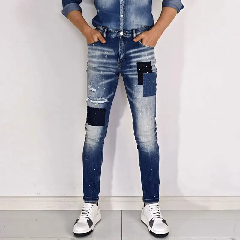 Street Fashion Men Jeans Retro Blue High Quality Elastic Skinny Fit Ripped Jeans Men Patched Designer Hip Hop Brand Pants Hombre