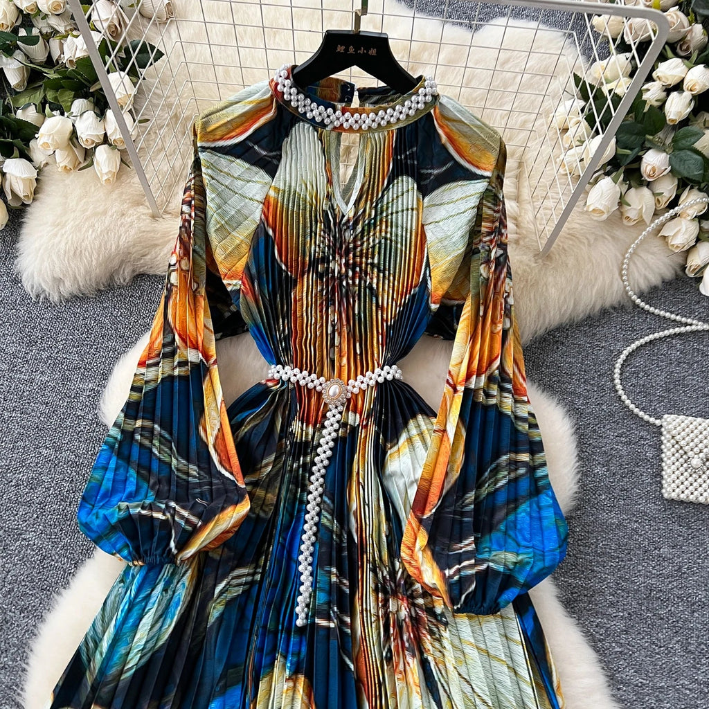 High-End Women's Dr Faionable Beaded round Ne Hollow out Pleated Lantern Sve Waist Cinched Floral Print Lon...