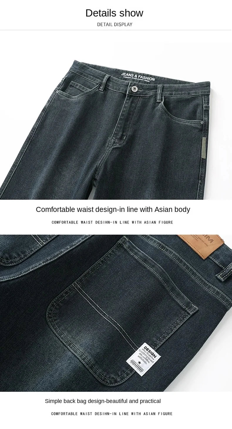 Men's Spring Autumn Soft Baggy Jeans Casual Straight Stretch Wide-Leg Business Denim Pants Versatile Comfortable Loose Trousers