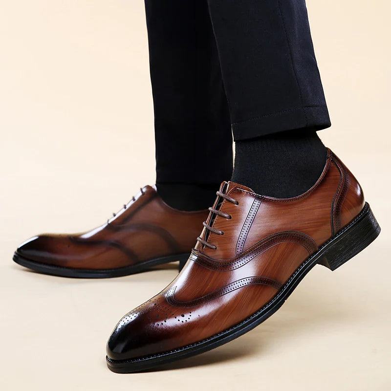 Luxury Brand Men's Glossy Leather Shoes Classic Brogue Shoes Lace Up Men's Office High-quality Business Shoes Big Size：38-48