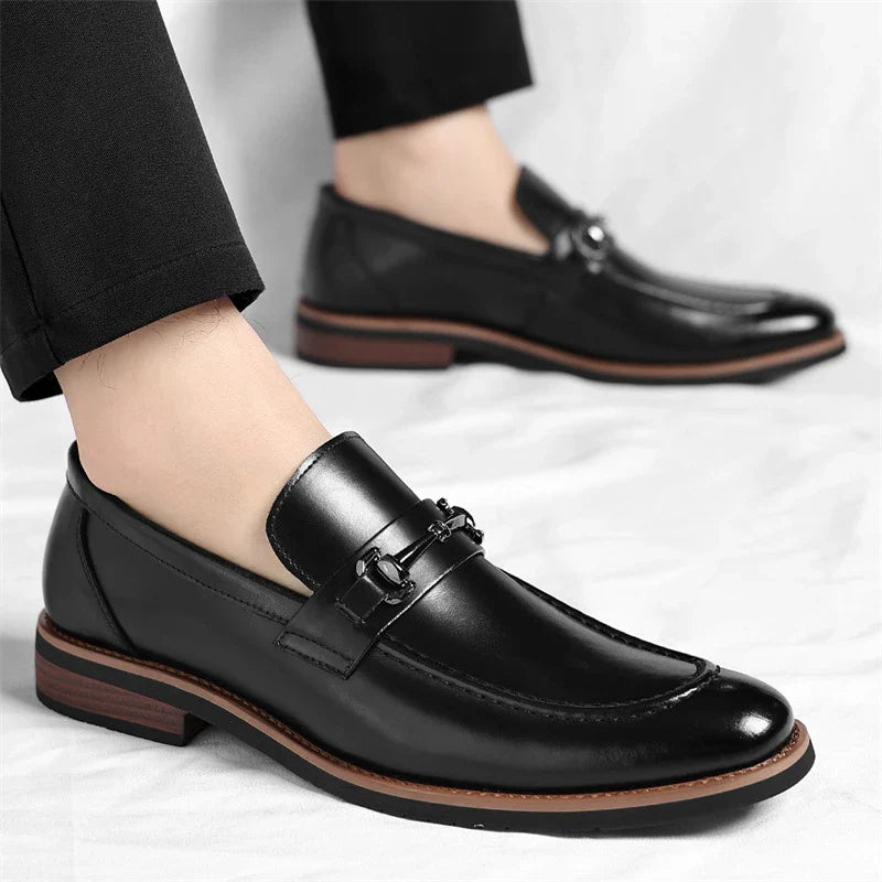 Mens Brown Burnished Genuine Leather Horsebit Loafers Slip On Formal Business Office Wedding Groom Daily Wear Shoes Simple New