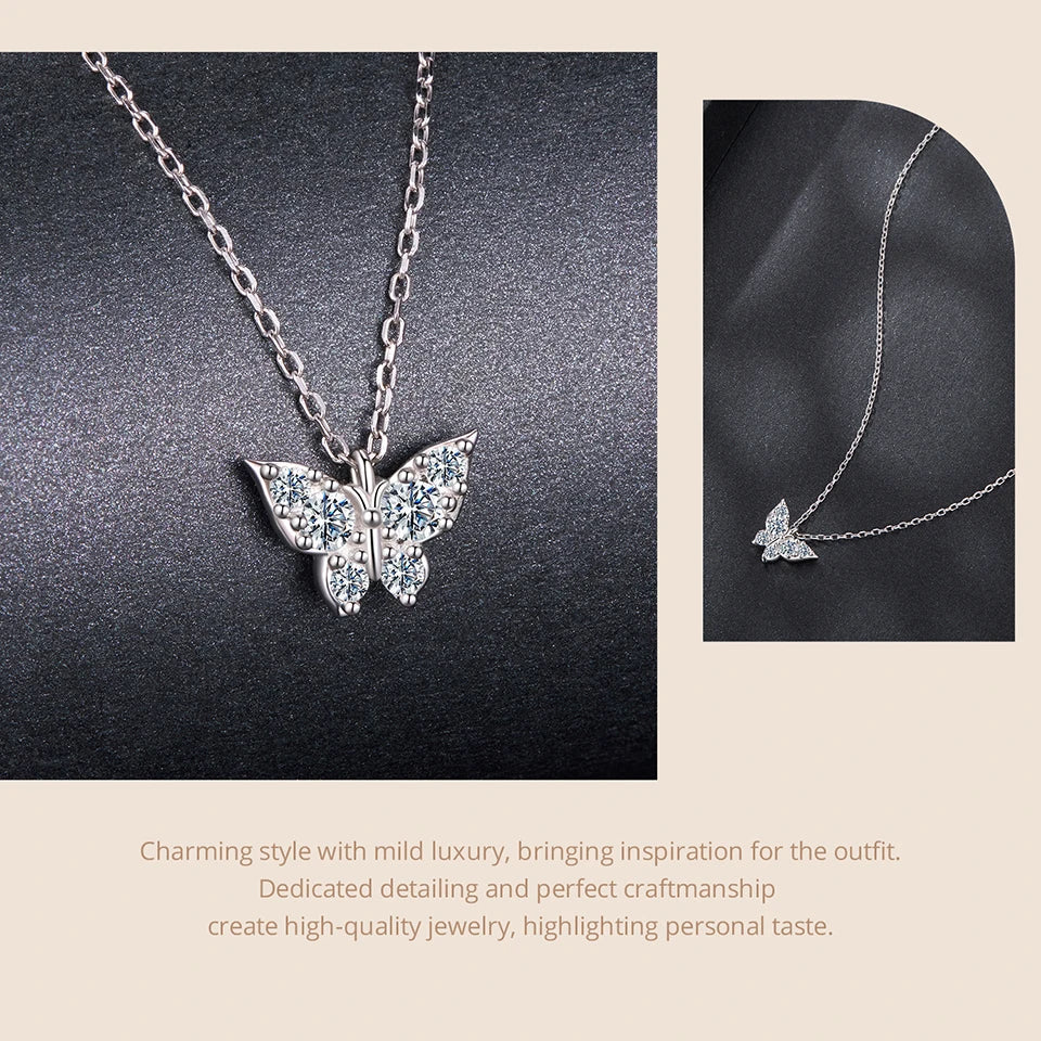 Moissanite Butterfly Necklace 925 Sterling Silver Insect Pendant Necklace Adjusable Link Chain for Women Sparkling Gift