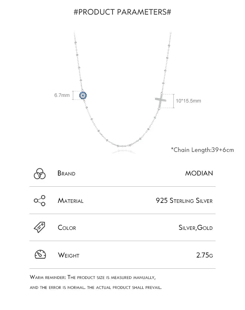Simple Cross Beads Necklace Real 925 Sterling Silver Blue Zirconia Eye Link Chain Necklaces For Women Party Fine Jewelry
