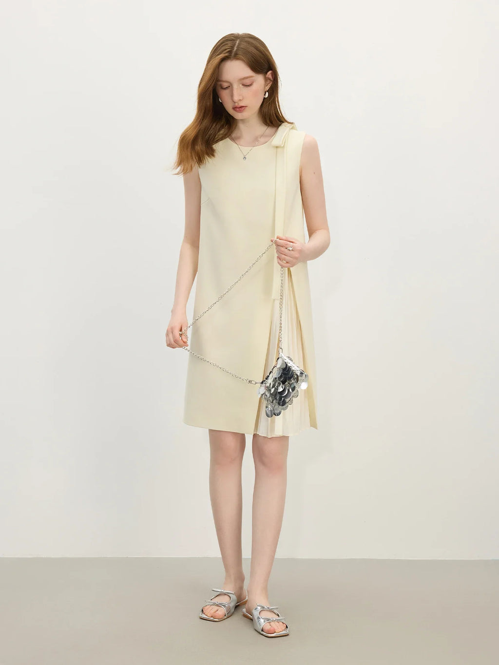 2025 Summer Petite Textured Pleated Dress - Artisan Bow Accents & Flared A-Line Silhouette for Casual Chic 25FS12622